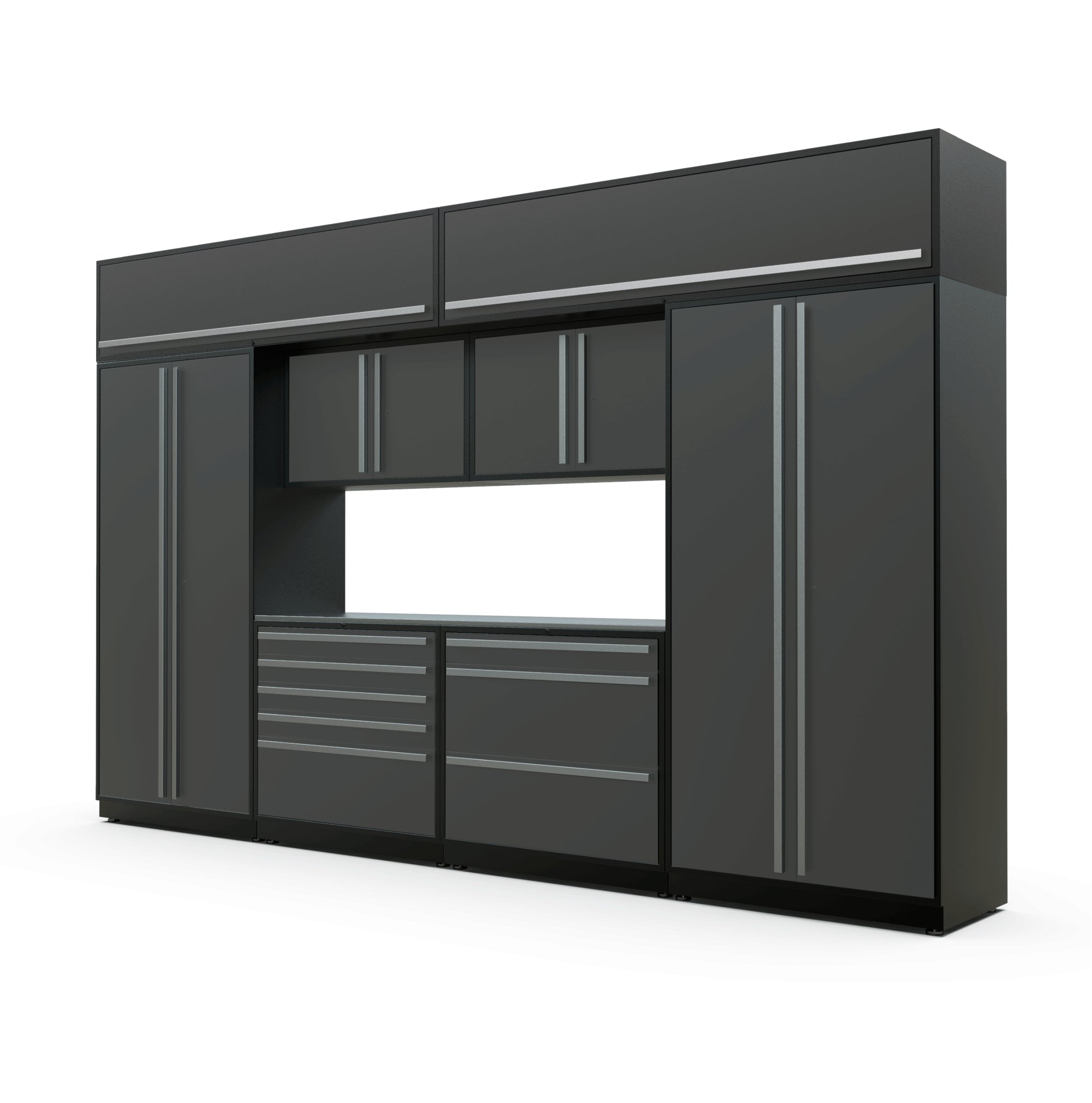 Proslat FusionPlus 13 ft TOOL garage cabinet set with overheads in Traffic Gray with Silver handles and a Stainless Steel worktop