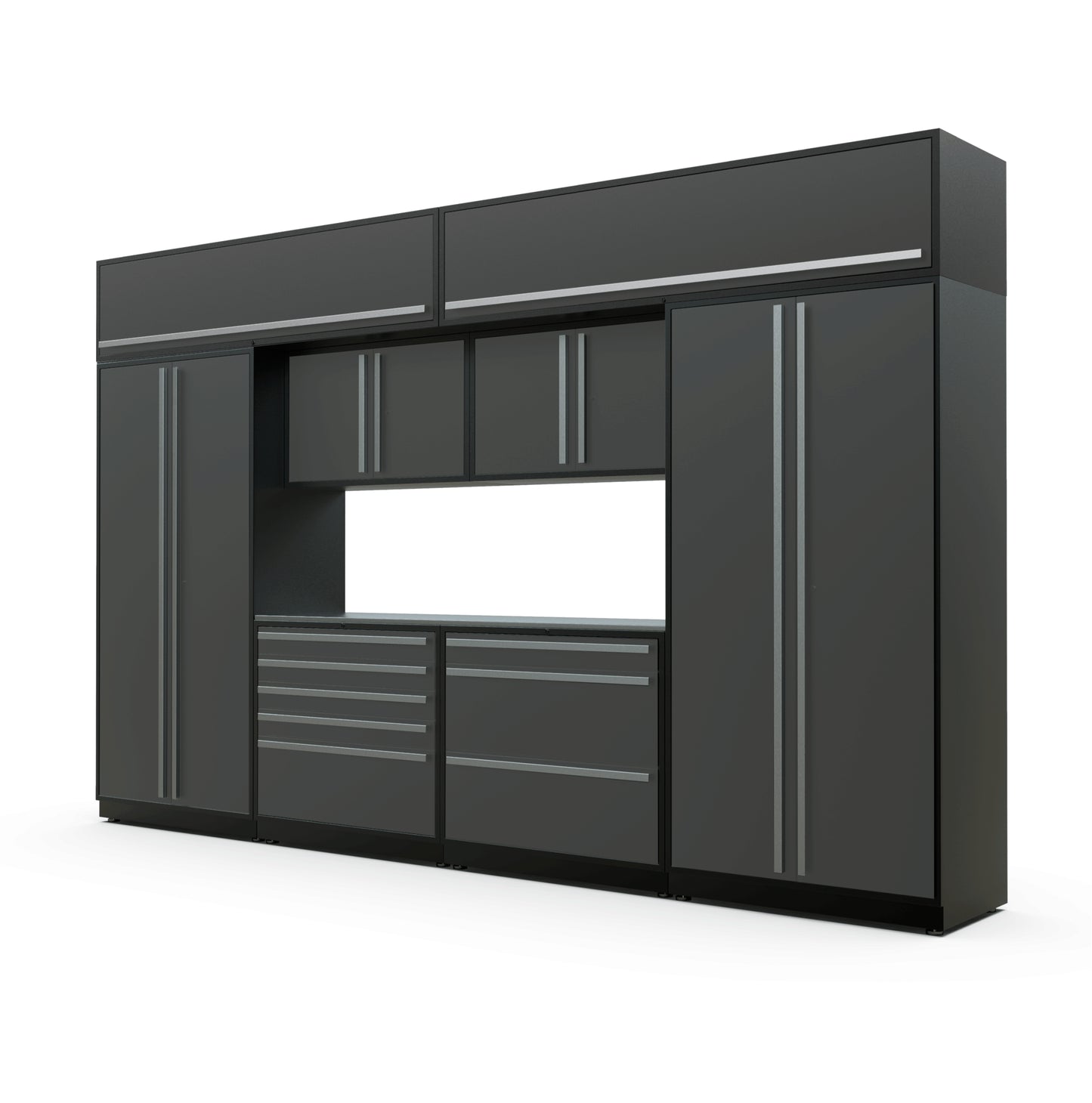 Proslat FusionPlus 13 ft TOOL garage cabinet set with overheads in Traffic Gray with Silver handles and a Stainless Steel worktop