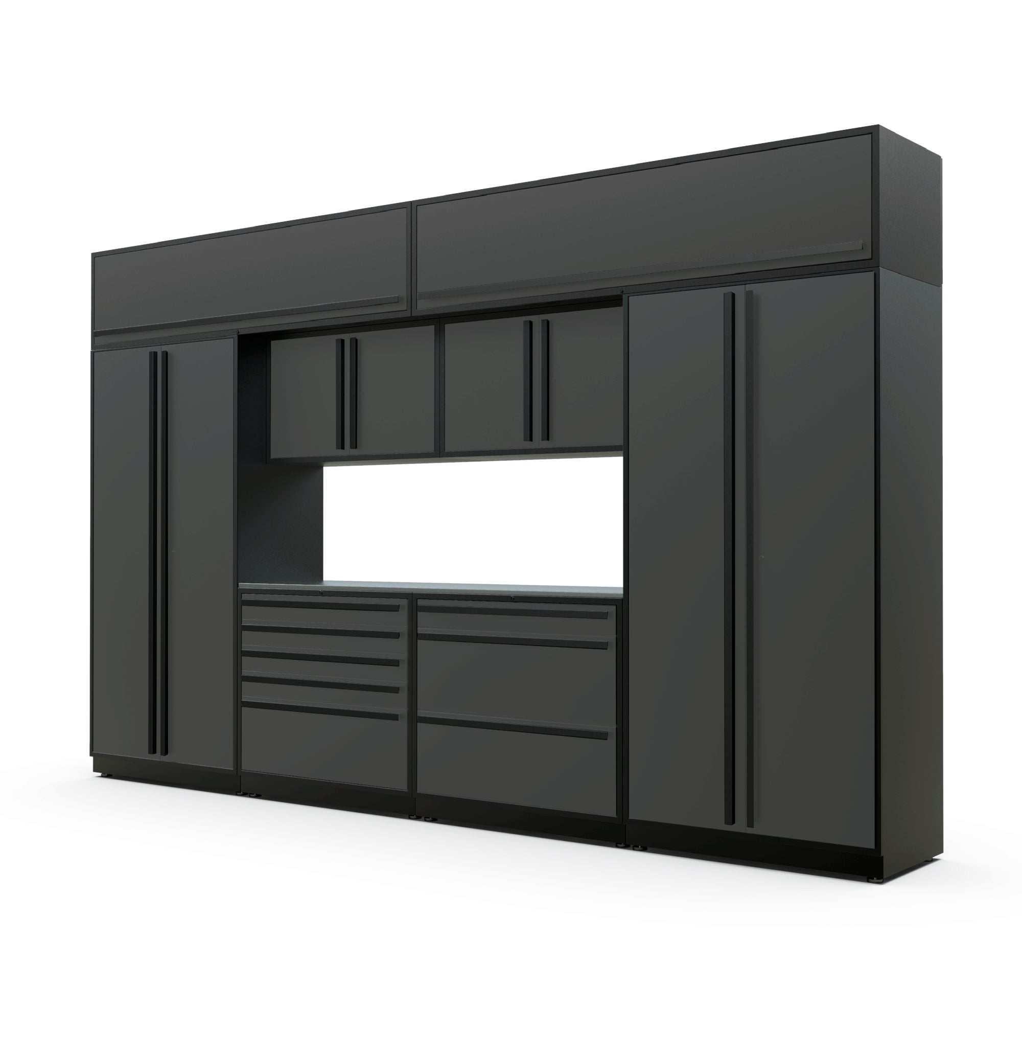 Proslat FusionPlus 13 ft TOOL garage cabinet set with overheads in Traffic Gray with Black handles and a Stainless Steel worktop