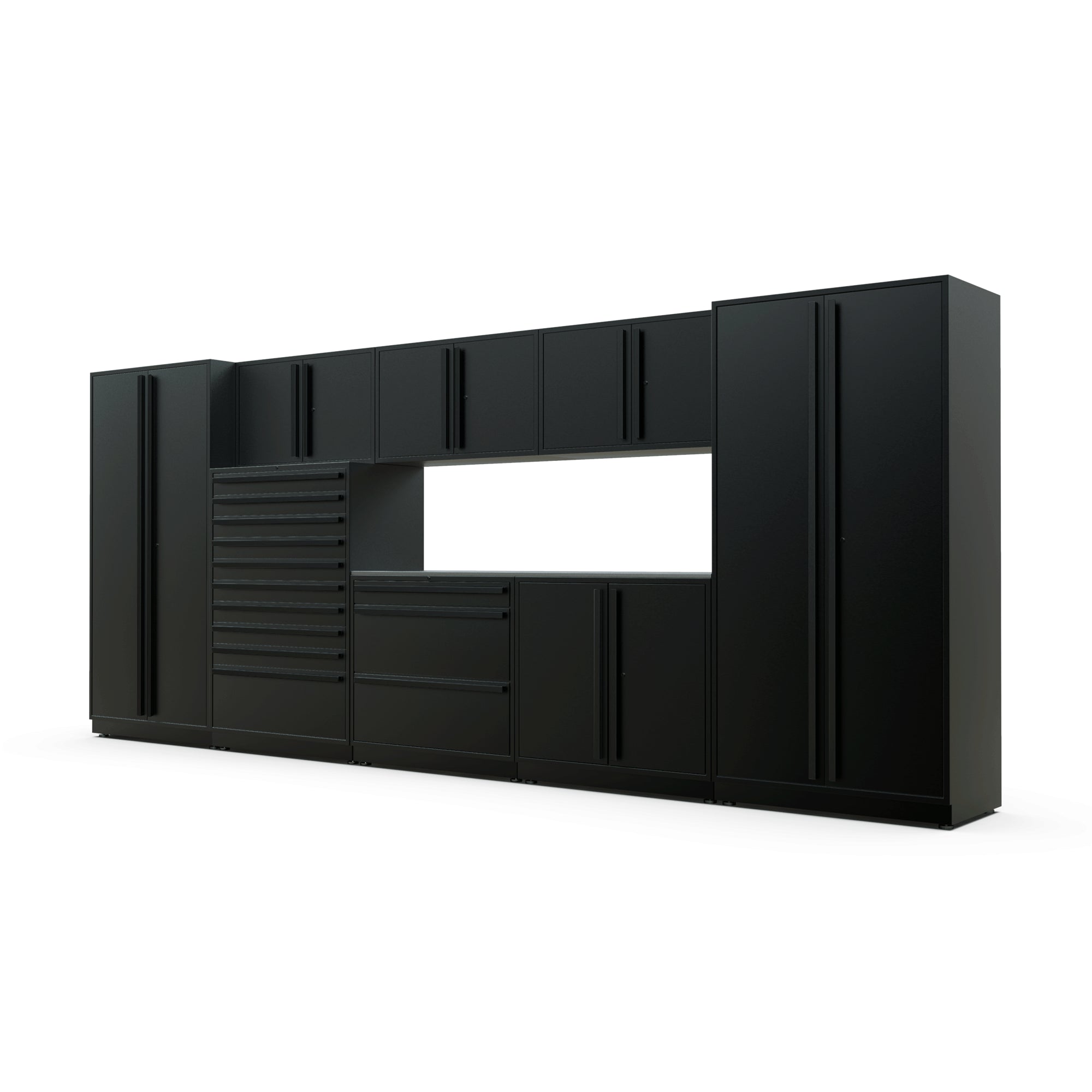 Proslat FusionPlus 16 ft TOOL garage cabinet set in Black with Black handles and a Stainless Steel worktop