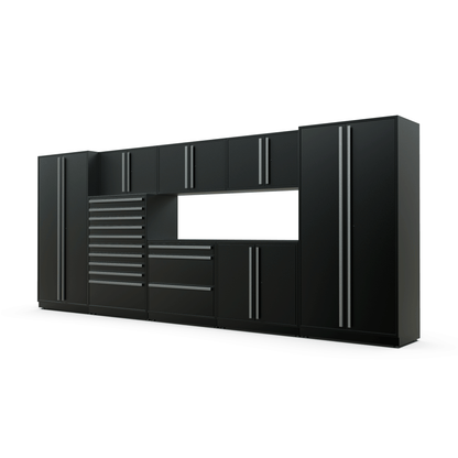 Proslat FusionPlus 16 ft TOOL garage cabinet set in Black with Silver handles and a Powder Coated worktop