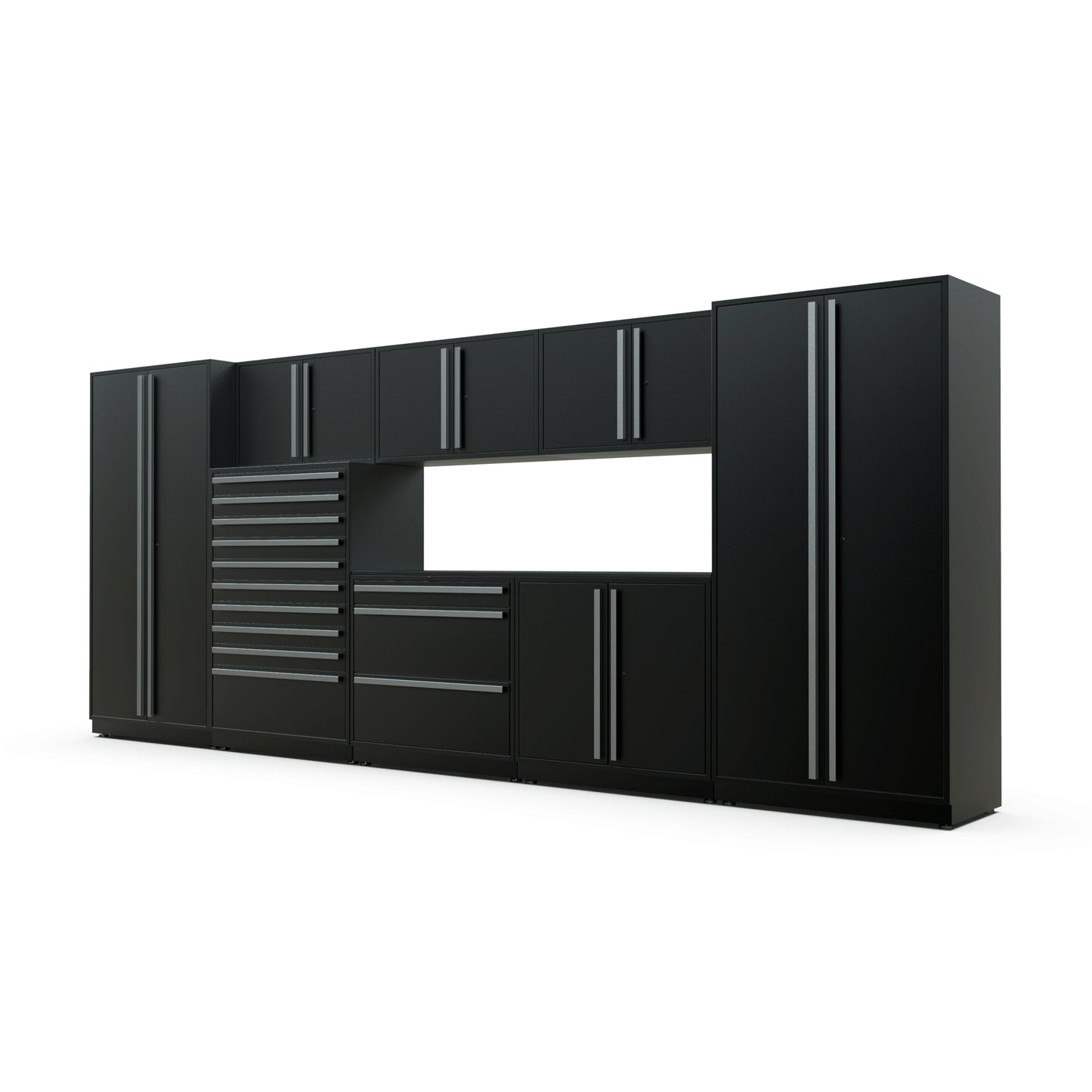 Proslat FusionPlus 16 ft TOOL garage cabinet set in Black with Silver handles and a Powder Coated worktop