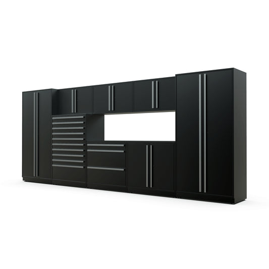 Proslat FusionPlus 16 ft TOOL garage cabinet set in Black with Silver handles and a Powder Coated worktop