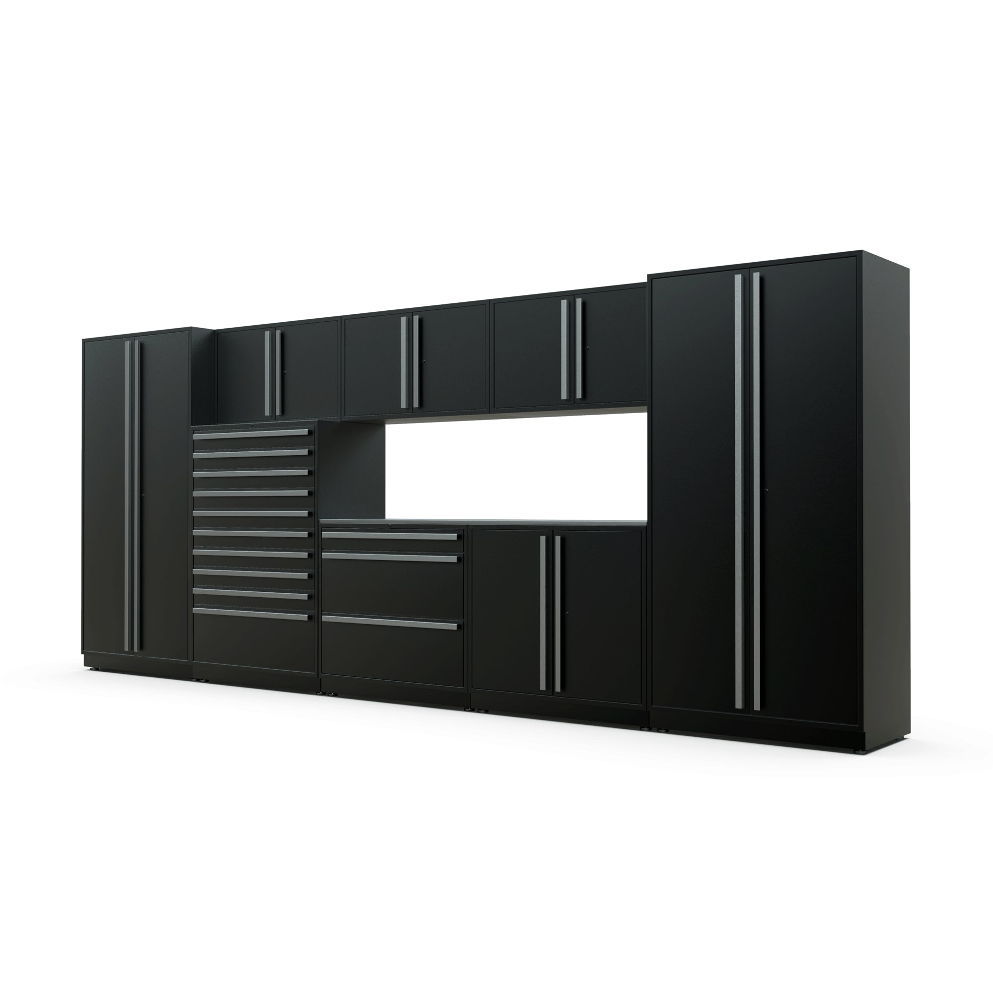 Proslat FusionPlus 16 ft TOOL garage cabinet set in Black with Silver handles and a Stainless Steel worktop