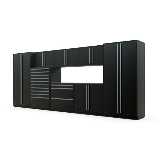 Proslat FusionPlus 16 ft TOOL garage cabinet set in Black with Silver handles and a Stainless Steel worktop