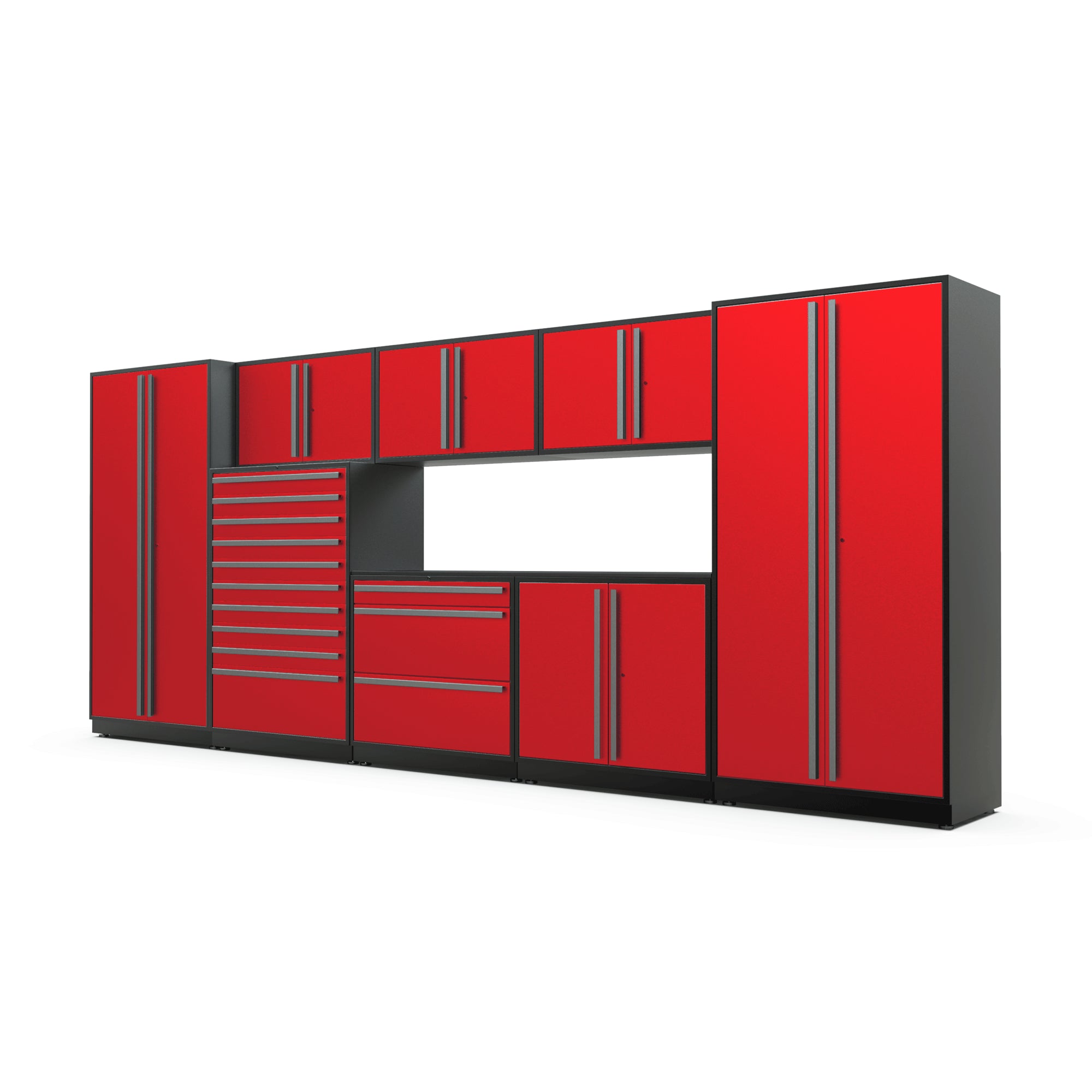 Proslat FusionPlus 16 ft TOOL garage cabinet set in Traffic Red with Silver handles and a Powder Coated worktop