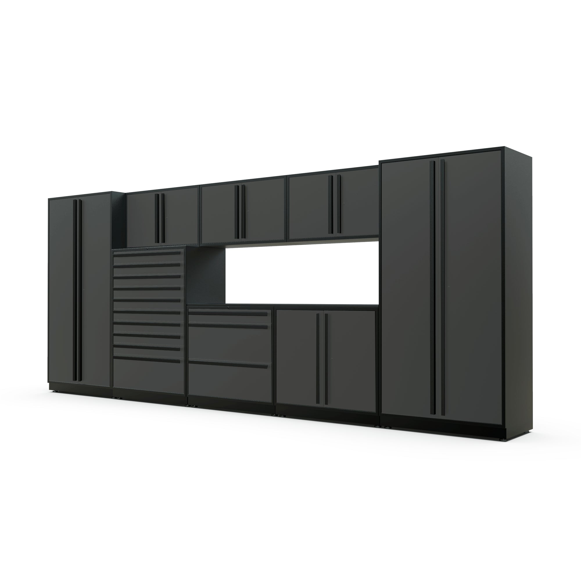 Proslat FusionPlus 16 ft TOOL garage cabinet set in Traffic Gray with Black handles and a Powder Coated worktop