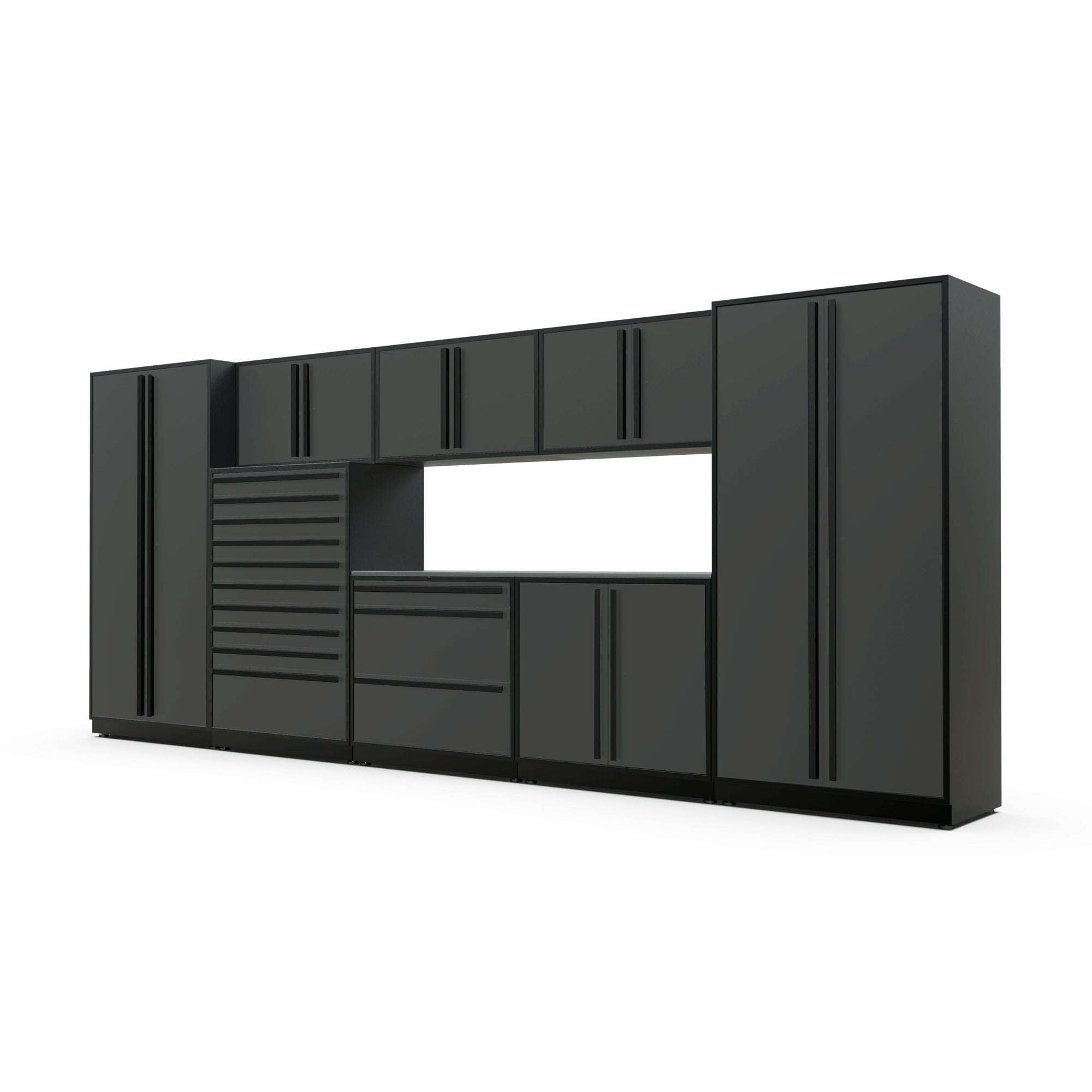 Proslat FusionPlus 16 ft TOOL garage cabinet set in Traffic Gray with Black handles and a Stainless Steel worktop