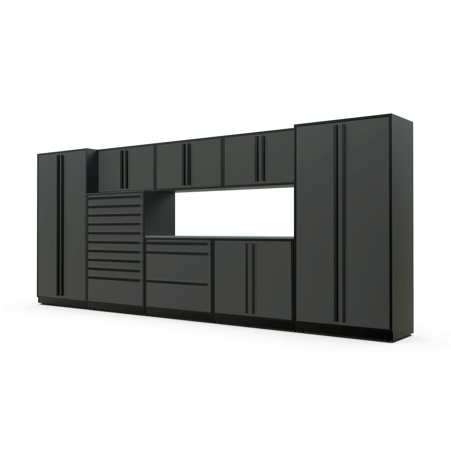 Proslat FusionPlus 16 ft TOOL garage cabinet set in Traffic Gray with Black handles and a Stainless Steel worktop