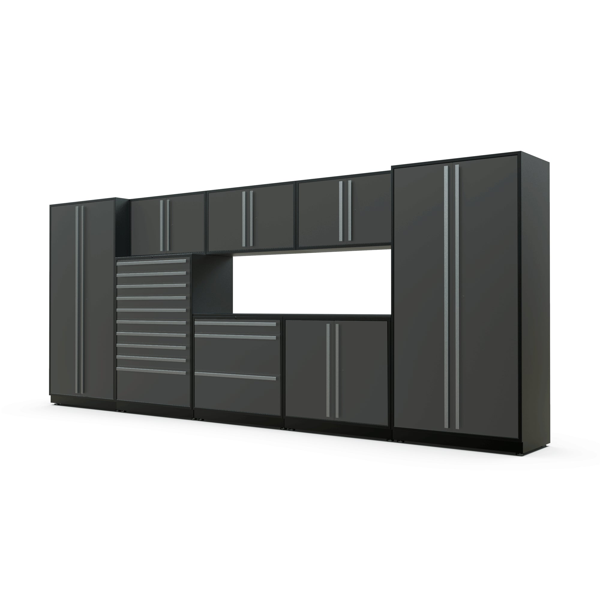 Proslat FusionPlus 16 ft TOOL garage cabinet set in Traffic Gray with Silver handles and a Powder Coated worktop