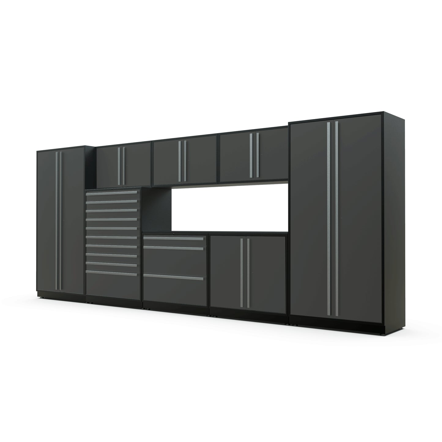 Proslat FusionPlus 16 ft TOOL garage cabinet set in Traffic Gray with Silver handles and a Powder Coated worktop