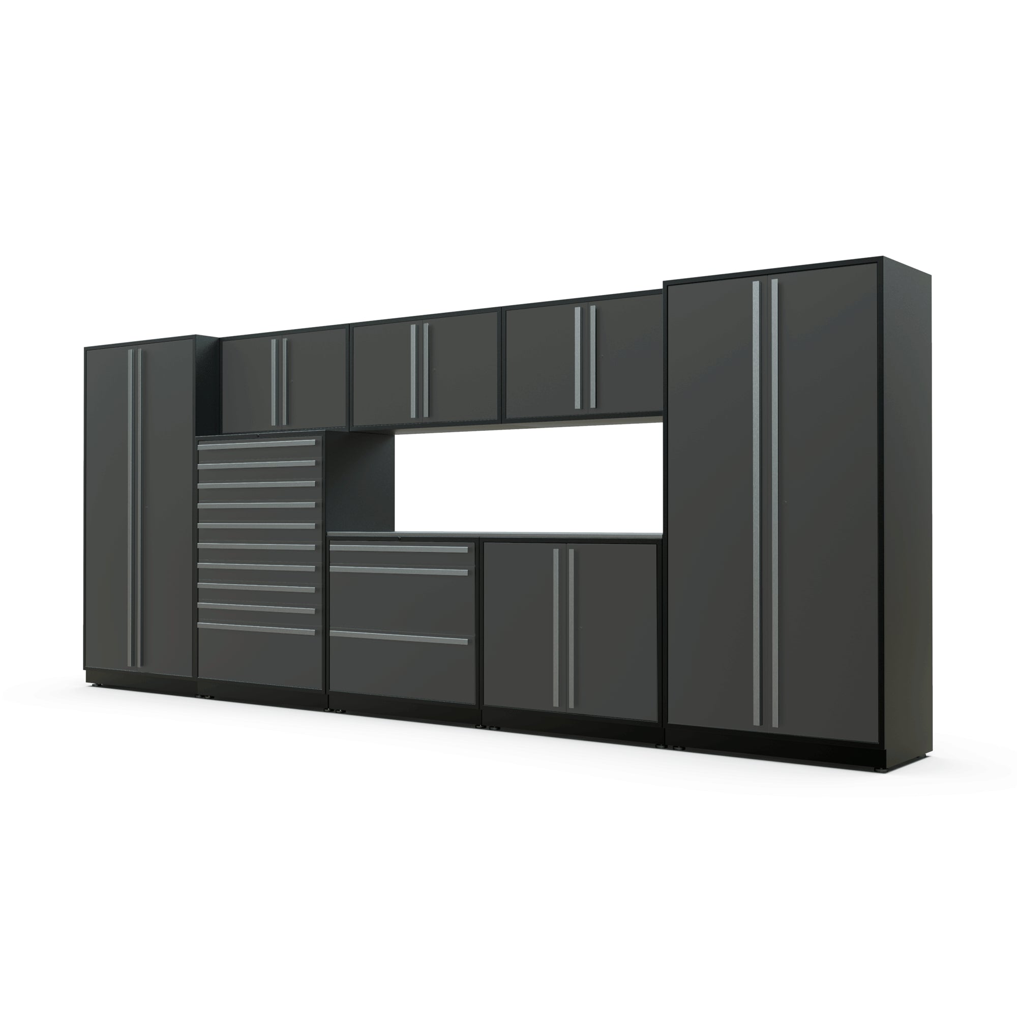 Proslat FusionPlus 16 ft TOOL garage cabinet set in Traffic Gray with Silver handles and a Stainless Steel worktop