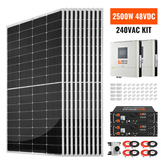 Rich Solar 2500W 48VDC 240VAC Complete Hybrid Solar Kit | 10.24kWh LiFePO4 Battery Backup