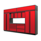 Proslat FusionPlus 13 ft TOOL garage cabinet set with overheads in Traffic Red with Black handles and a Stainless Steel worktop
