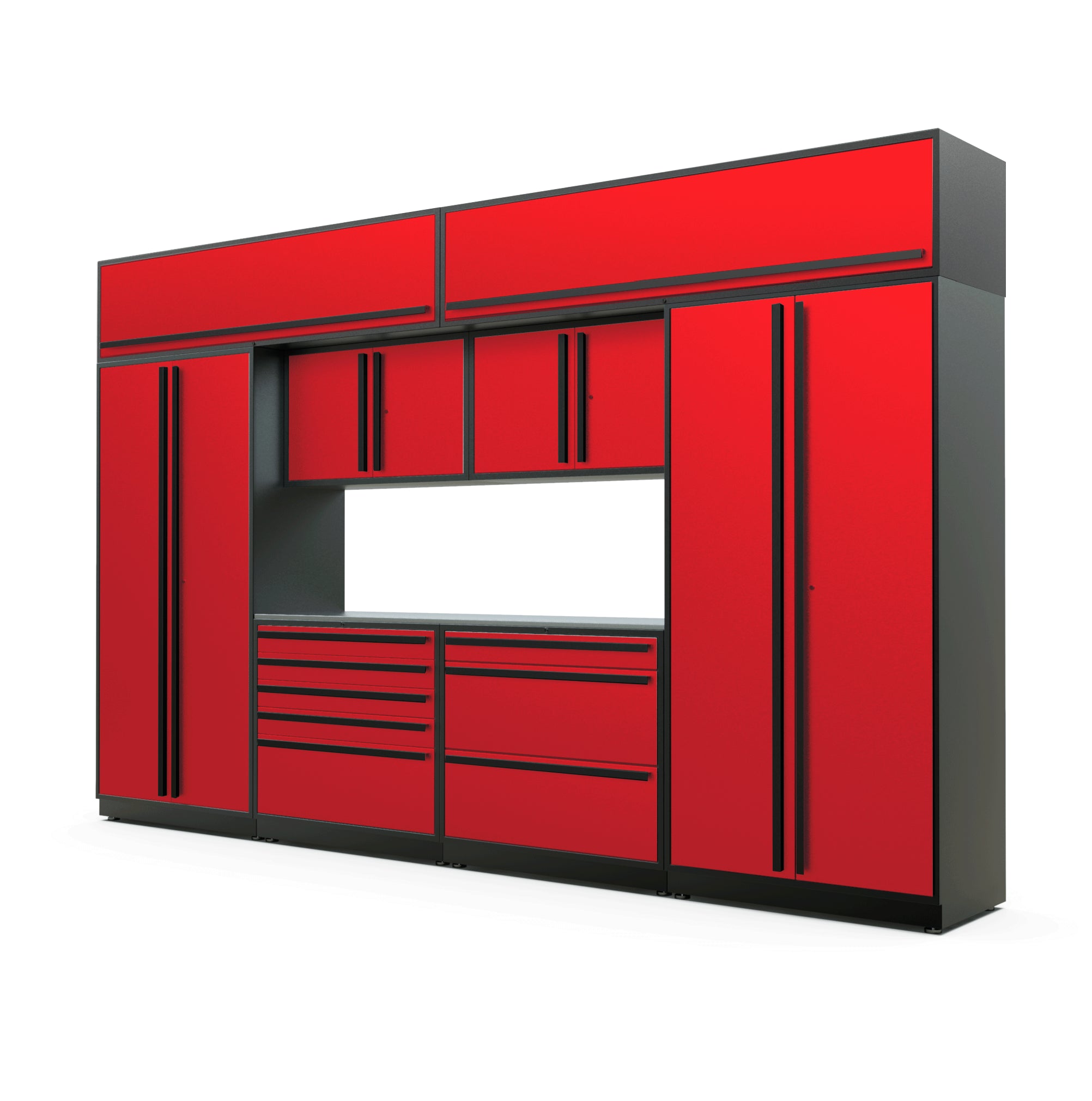 Proslat FusionPlus 13 ft TOOL garage cabinet set with overheads in Traffic Red with Black handles and a Stainless Steel worktop